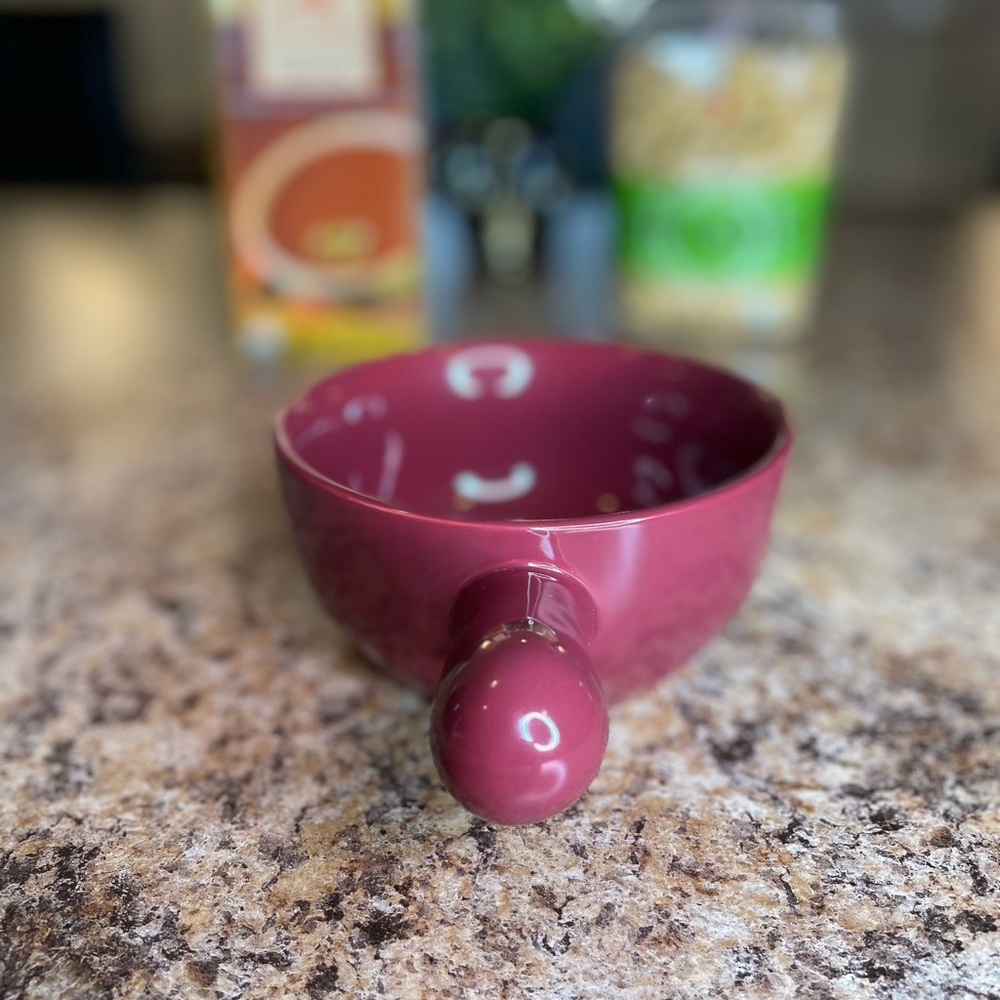 Rae Dunn “Soup” bowl w handle. Burgundy, white lettering, Microwave & Oven safe - Picture 5 of 10